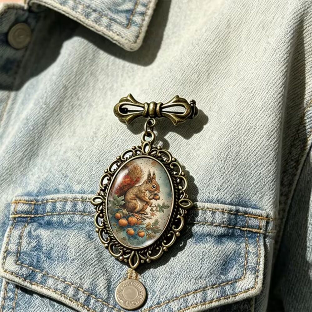 Vintage Look Squirrel Acorn Cameo Brooch Pin Antique Bronze Woodland Jewelry